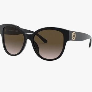 Tory Burch Black Sunglasses with Miller Gold Logo and Brown Gradient Lenses